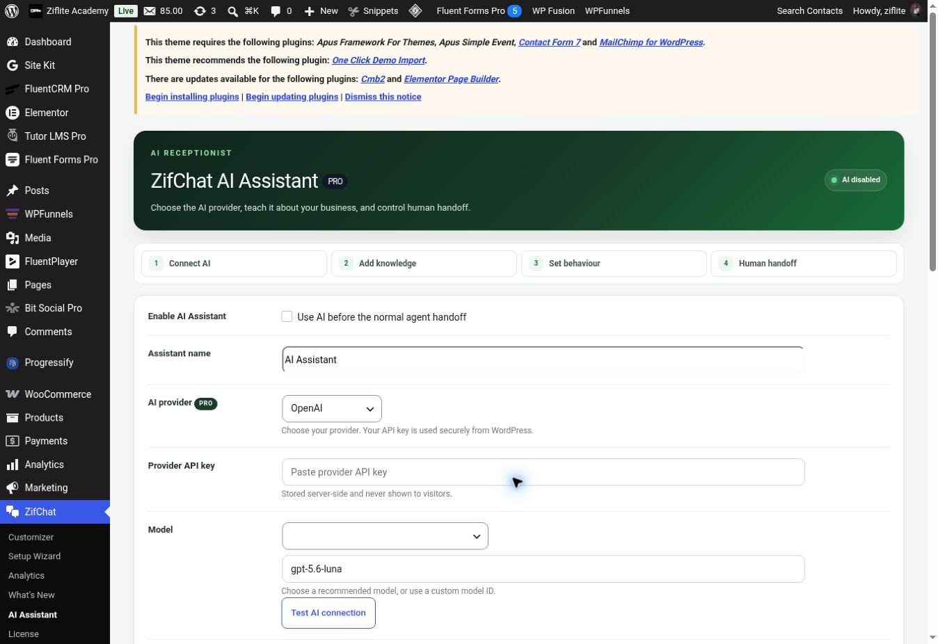 AI Assistant provider, key and model fields