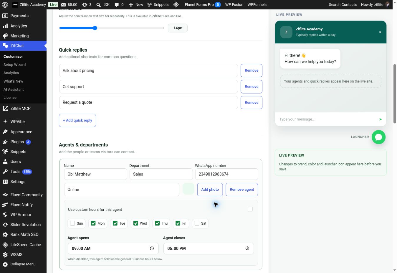 Customizer quick replies, agent fields and live preview