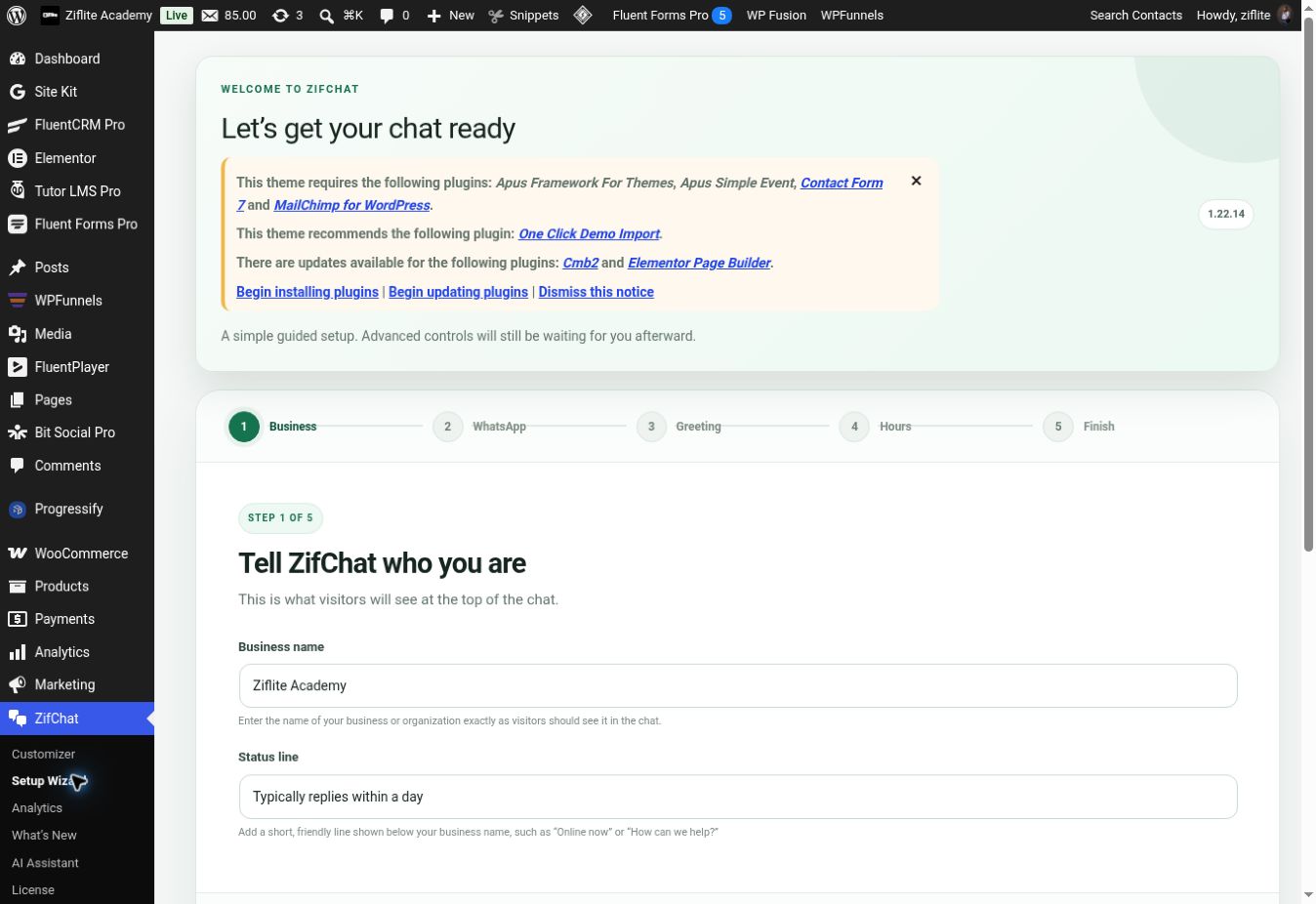 ZifChat Setup Wizard at the Business step