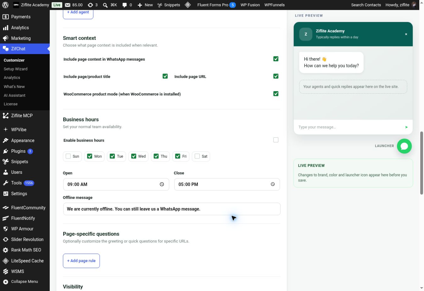 Smart context, business hours and page rules