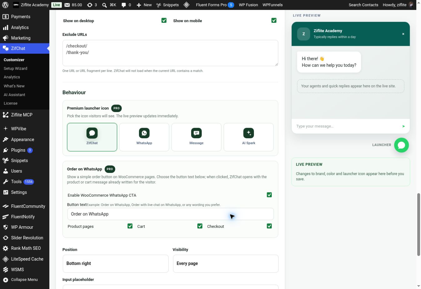 Visibility, launcher styles and WooCommerce CTA settings