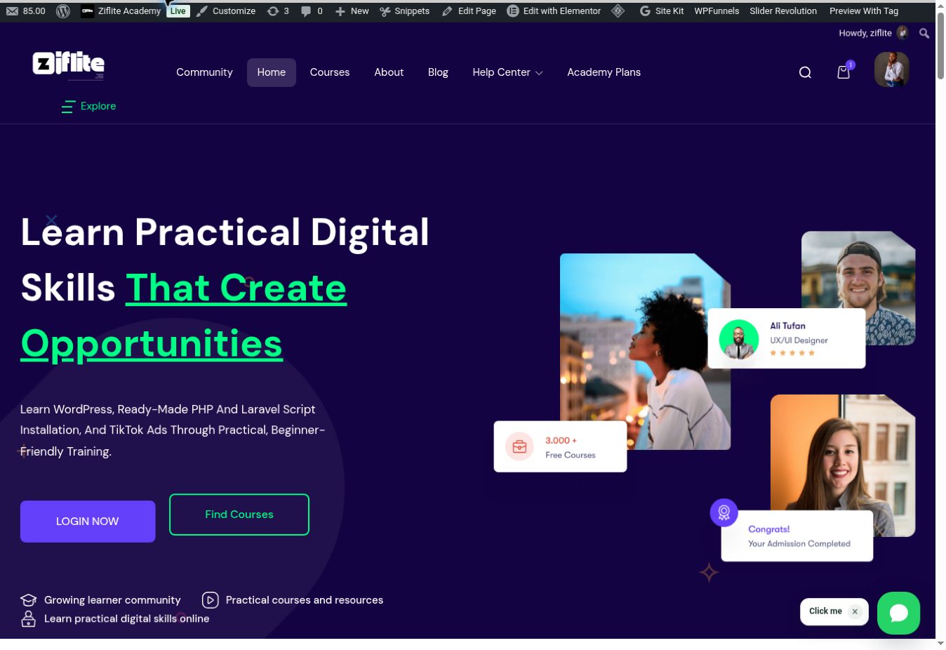 ZifChat launcher at the bottom right of a public WordPress page