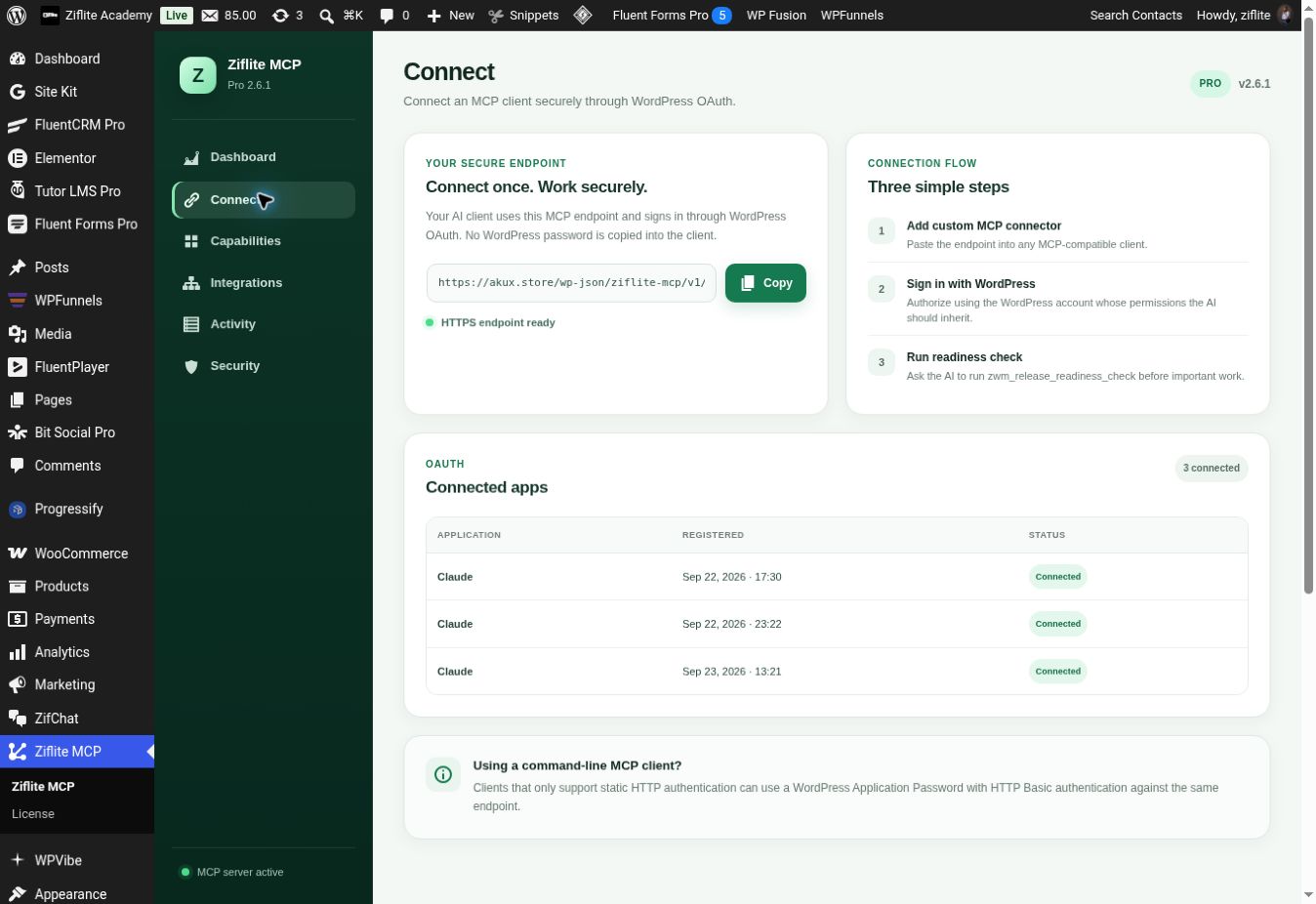 Ziflite MCP Connect tab with secure endpoint Copy button, three connection steps and connected Claude apps