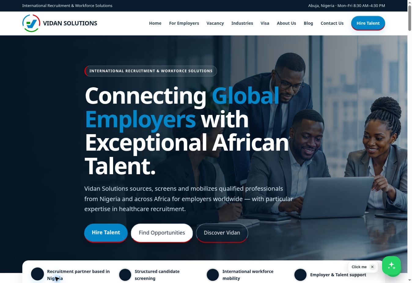 Vidan Solutions homepage showing its international recruitment website design